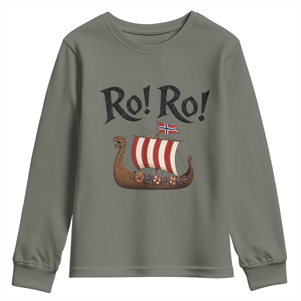 Funny Norwegian Viking Longship Ro Ro Youth Sweatshirt Retro Norge Norway Flag Football Fans TS02 Military Green Print Your Wear