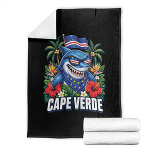 Cape Verde Cool Blue Shark Tropical Graphic Throw Blanket Cabo Verde Paradise Verdean Soccer Football Fans TS02 Black Print Your Wear