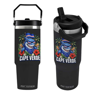 Cape Verde Cool Blue Shark Tropical Graphic Flip Straw Tumbler Cabo Verde Paradise Verdean Soccer Football Fans TS02 One Size: 30 oz Black Print Your Wear