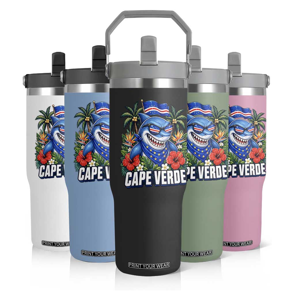 Cape Verde Cool Blue Shark Tropical Graphic Flip Straw Tumbler Cabo Verde Paradise Verdean Soccer Football Fans TS02 Print Your Wear