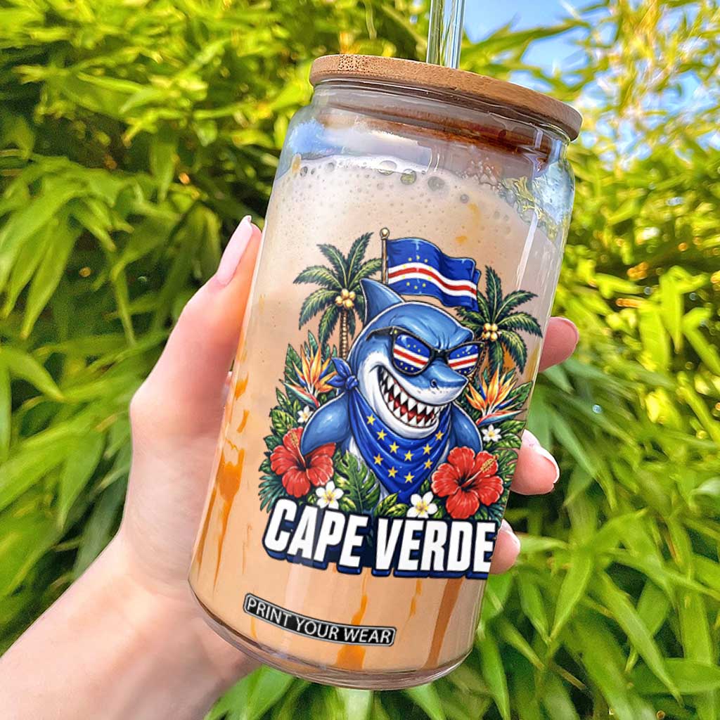 Cape Verde Cool Blue Shark Tropical Graphic Glass Can Cabo Verde Paradise Verdean Soccer Football Fans TS02 Black Print Your Wear