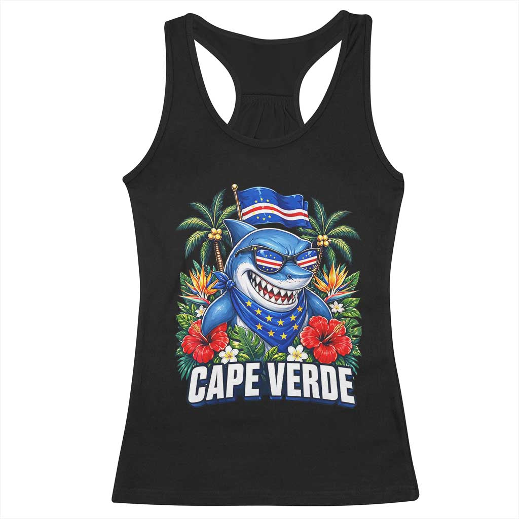 Cape Verde Cool Blue Shark Tropical Graphic Racerback Tank Top Cabo Verde Paradise Verdean Soccer Football Fans