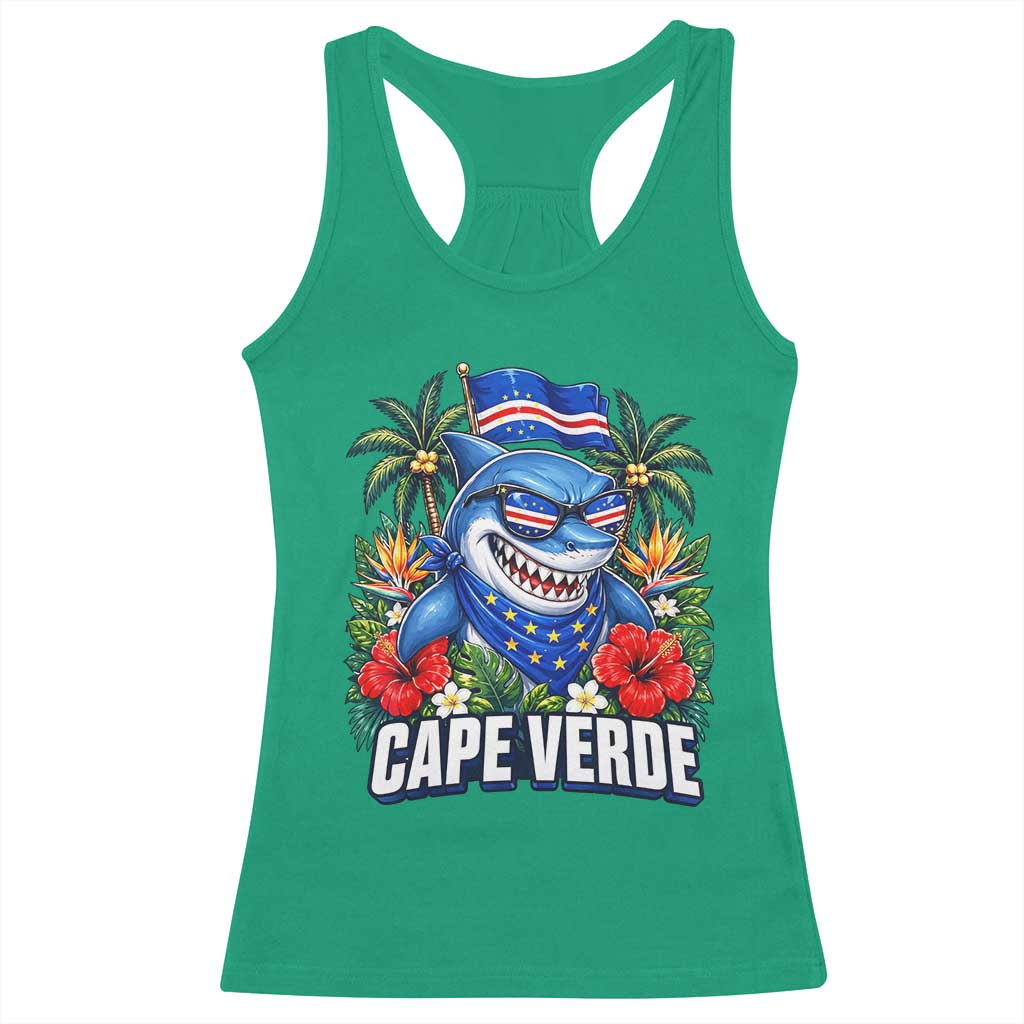Cape Verde Cool Blue Shark Tropical Graphic Racerback Tank Top Cabo Verde Paradise Verdean Soccer Football Fans