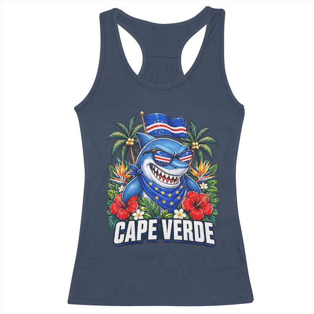 Cape Verde Cool Blue Shark Tropical Graphic Racerback Tank Top Cabo Verde Paradise Verdean Soccer Football Fans