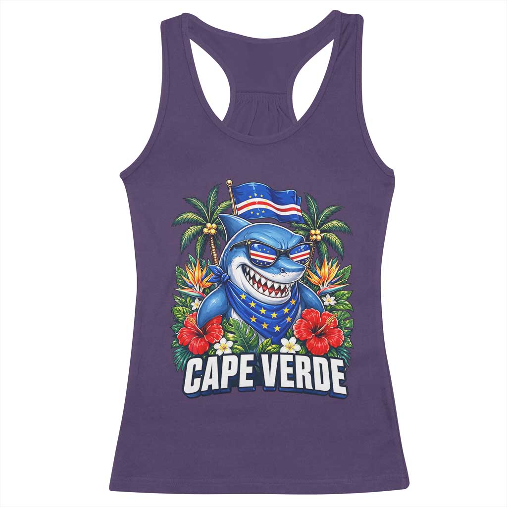 Cape Verde Cool Blue Shark Tropical Graphic Racerback Tank Top Cabo Verde Paradise Verdean Soccer Football Fans