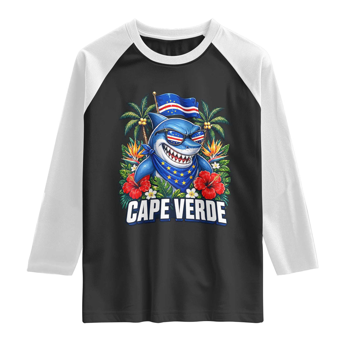 Cape Verde Cool Blue Shark Tropical Graphic Raglan Shirt Cabo Verde Paradise Verdean Soccer Football Fans