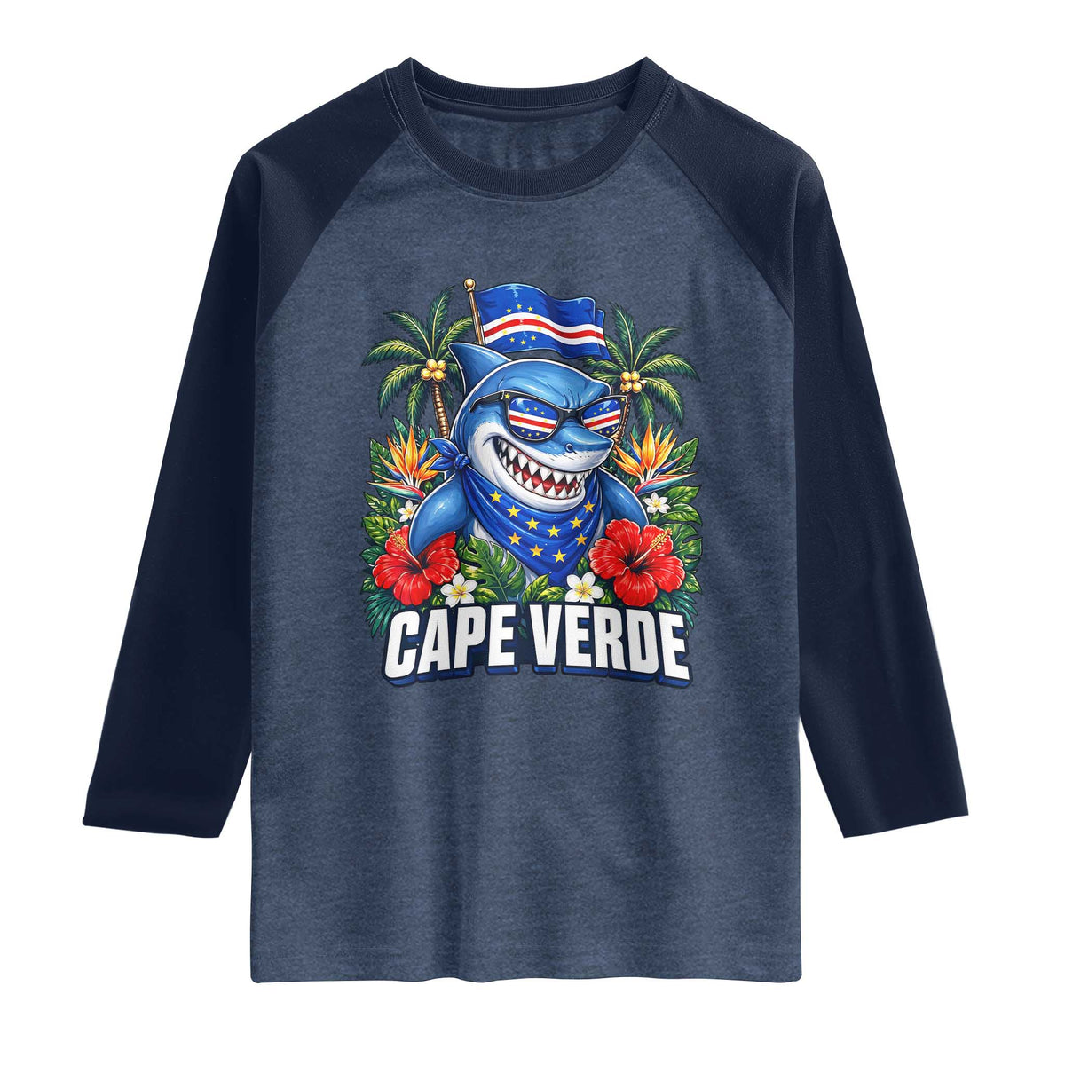Cape Verde Cool Blue Shark Tropical Graphic Raglan Shirt Cabo Verde Paradise Verdean Soccer Football Fans