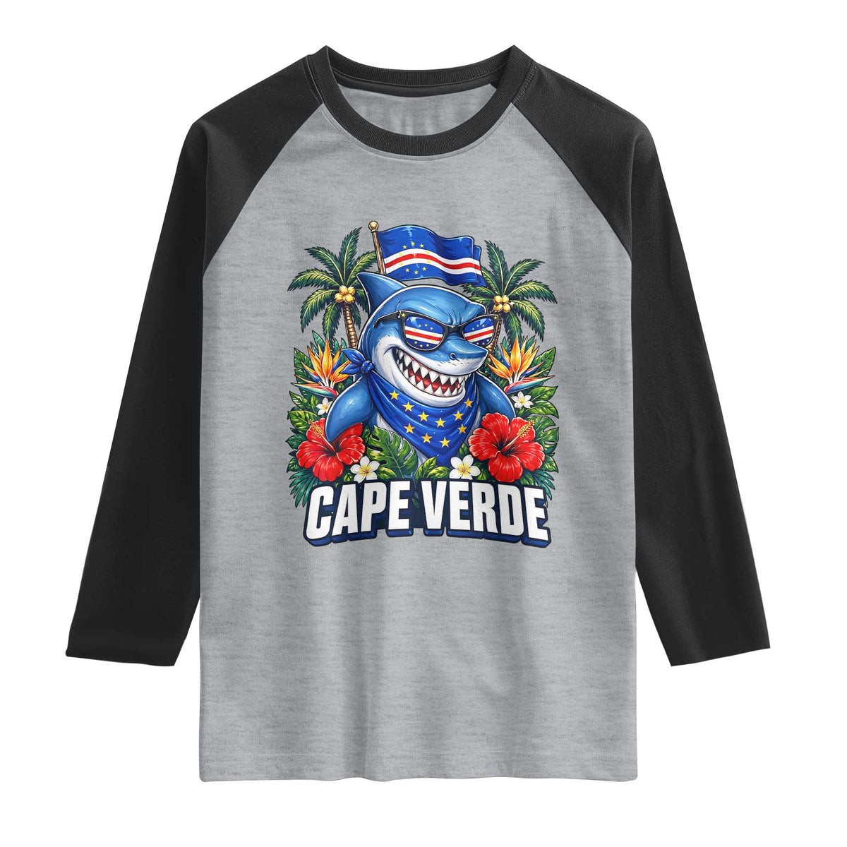 Cape Verde Cool Blue Shark Tropical Graphic Raglan Shirt Cabo Verde Paradise Verdean Soccer Football Fans