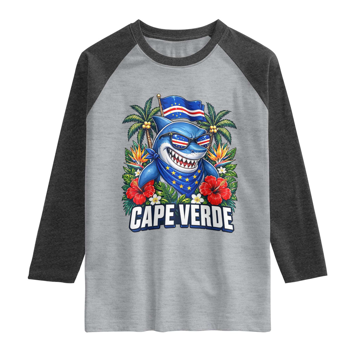 Cape Verde Cool Blue Shark Tropical Graphic Raglan Shirt Cabo Verde Paradise Verdean Soccer Football Fans