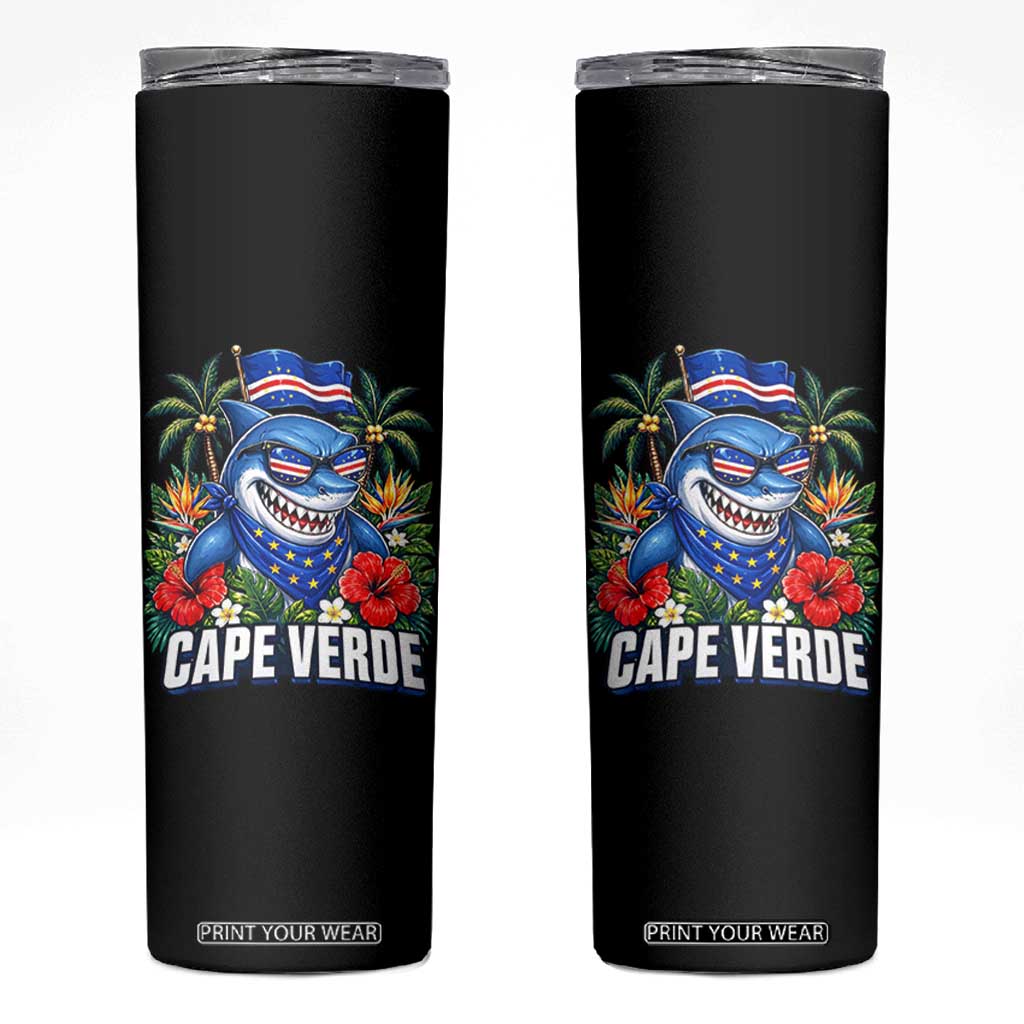 Cape Verde Cool Blue Shark Tropical Graphic Skinny Tumbler Cabo Verde Paradise Verdean Soccer Football Fans TS02 Black Print Your Wear