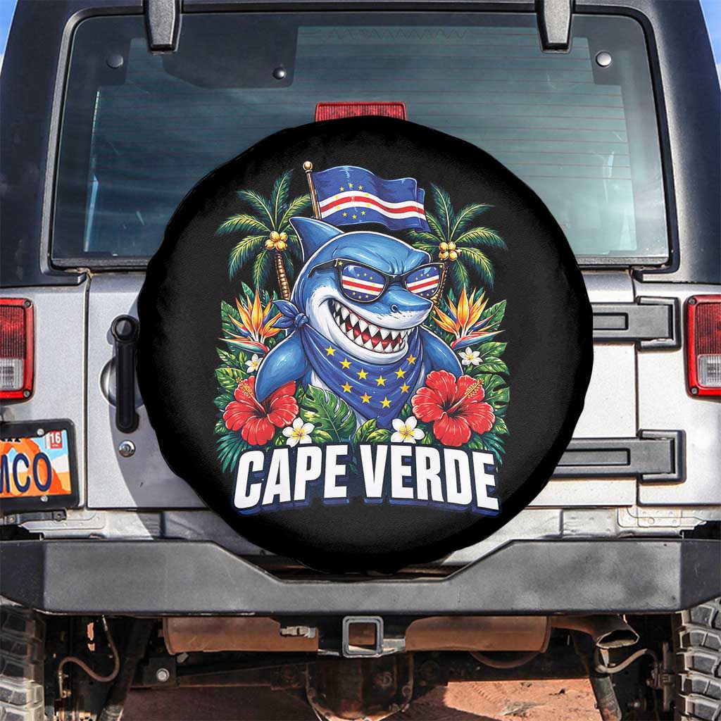 Cape Verde Cool Blue Shark Tropical Graphic Spare Tire Cover Cabo Verde Paradise Verdean Soccer Football Fans TS02 No hole Black Print Your Wear