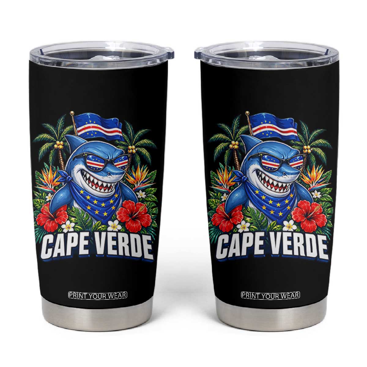 Cape Verde Cool Blue Shark Tropical Graphic Tumbler Cup Cabo Verde Paradise Verdean Soccer Football Fans TS02 Black Print Your Wear