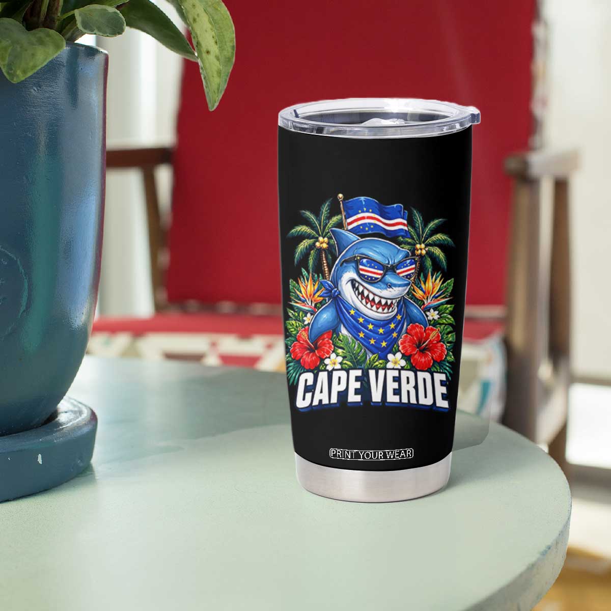 Cape Verde Cool Blue Shark Tropical Graphic Tumbler Cup Cabo Verde Paradise Verdean Soccer Football Fans TS02 Print Your Wear