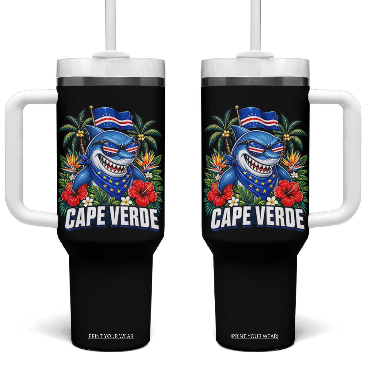 Cape Verde Cool Blue Shark Tropical Graphic Tumbler With Handle Cabo Verde Paradise Verdean Soccer Football Fans TS02 One Size: 40 oz Black Print Your Wear