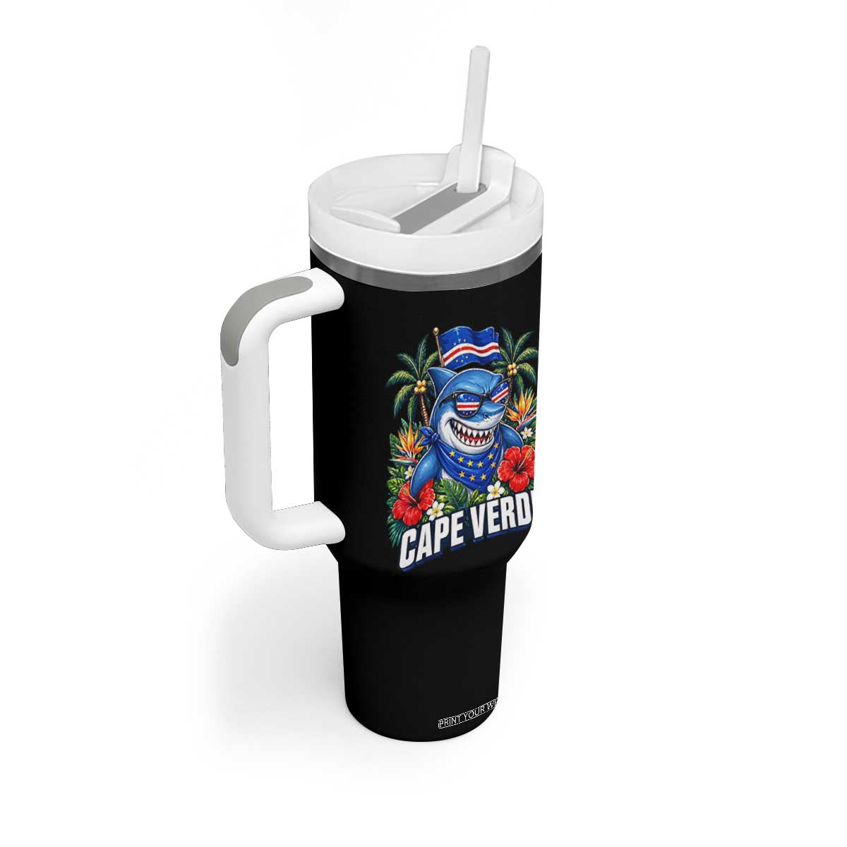 Cape Verde Cool Blue Shark Tropical Graphic Tumbler With Handle Cabo Verde Paradise Verdean Soccer Football Fans TS02 Print Your Wear