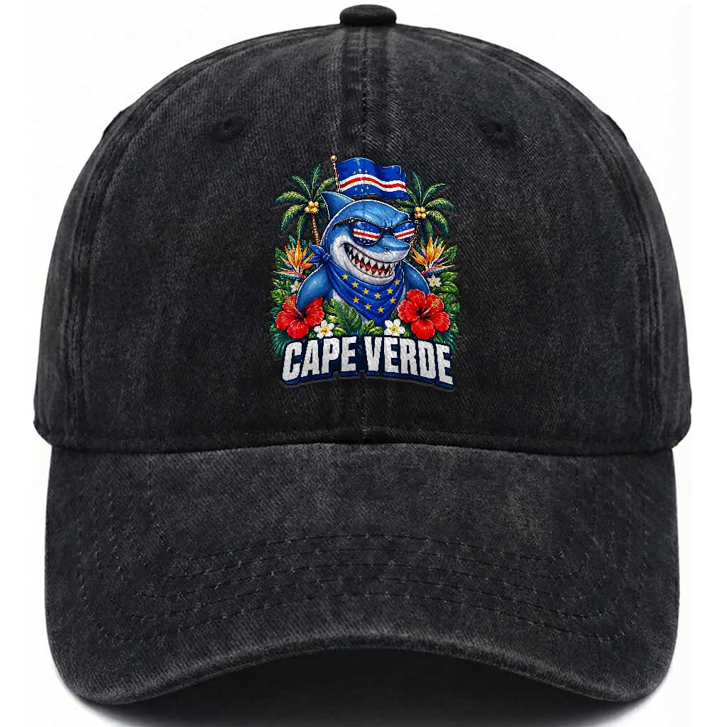 Cape Verde Cool Blue Shark Tropical Graphic Washed Cotton Baseball Cap Cabo Verde Paradise Verdean Soccer Football Fans TS02 Print Your Wear