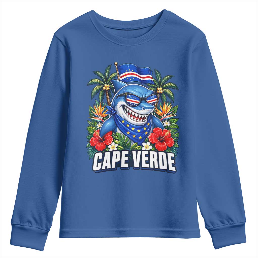 Cape Verde Cool Blue Shark Tropical Graphic Youth Sweatshirt Cabo Verde Paradise Verdean Soccer Football Fans TS02 Royal Blue Print Your Wear