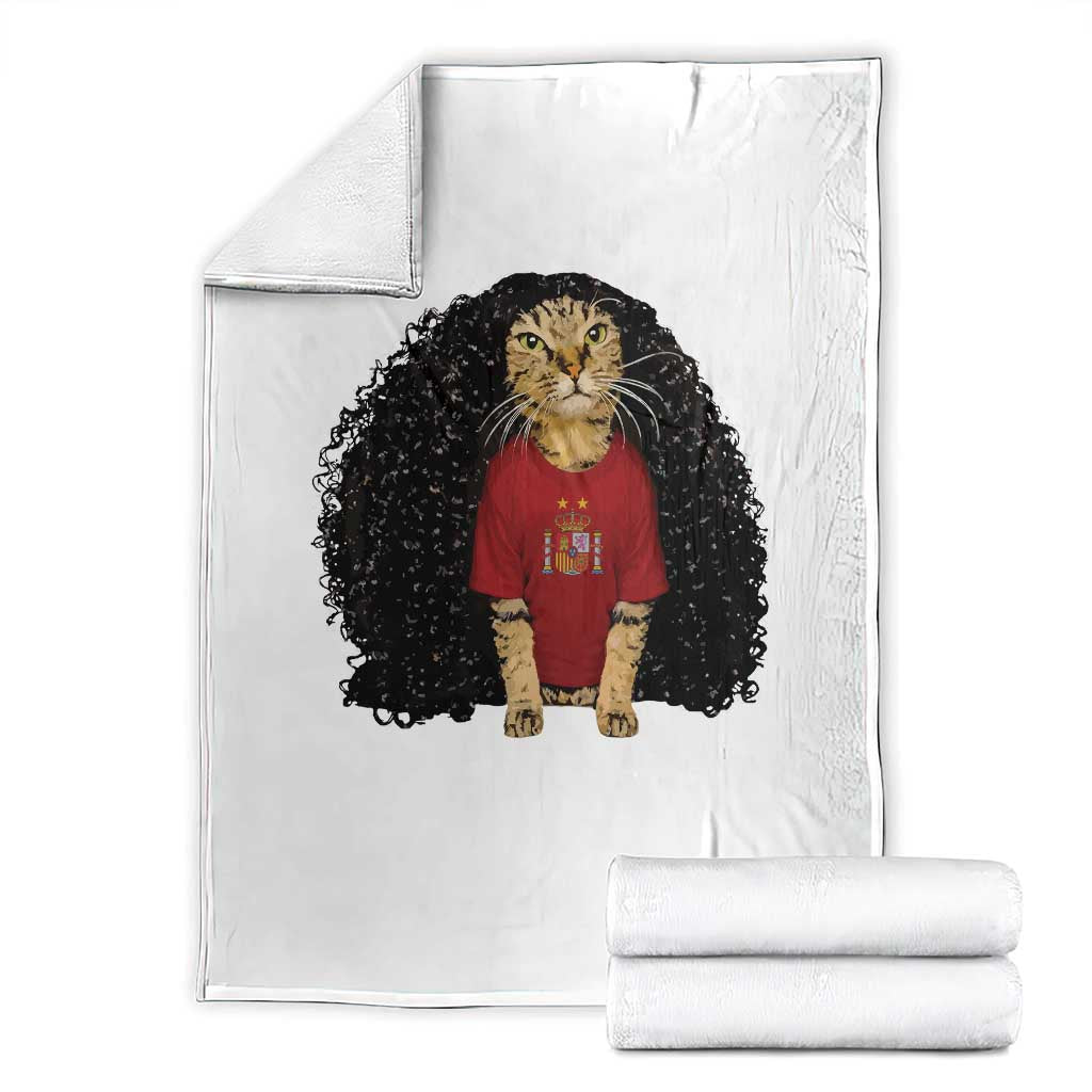 Funny Long Curly Hair Wig Soccer Cat Graphic Throw Blanket Spain Espana Sports Fans Meme Spanish Pride TS02 White Print Your Wear