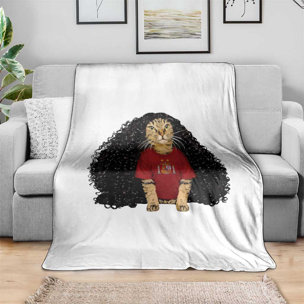 Funny Long Curly Hair Wig Soccer Cat Graphic Throw Blanket Spain Espana Sports Fans Meme Spanish Pride