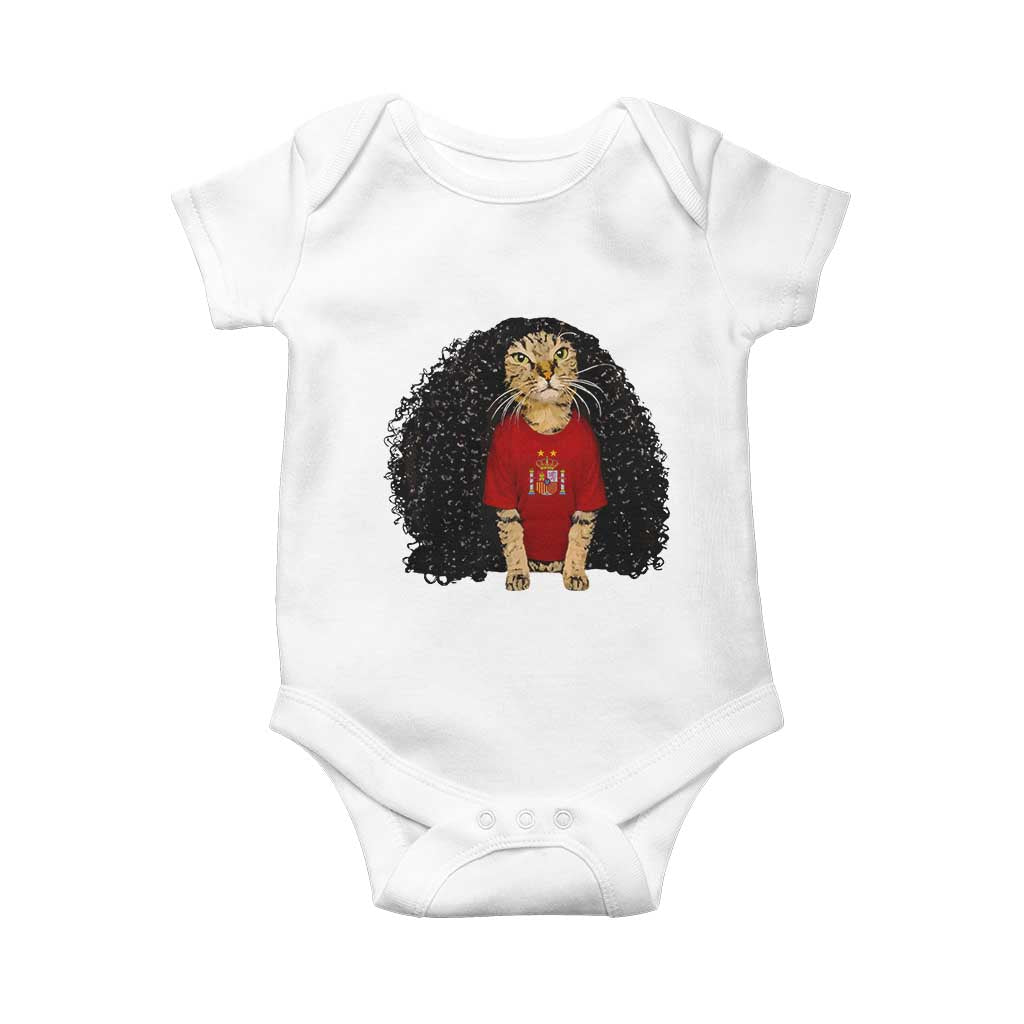 Funny Long Curly Hair Wig Soccer Cat Graphic Baby Onesie Spain Espana Sports Fans Meme Spanish Pride TS02 White Print Your Wear