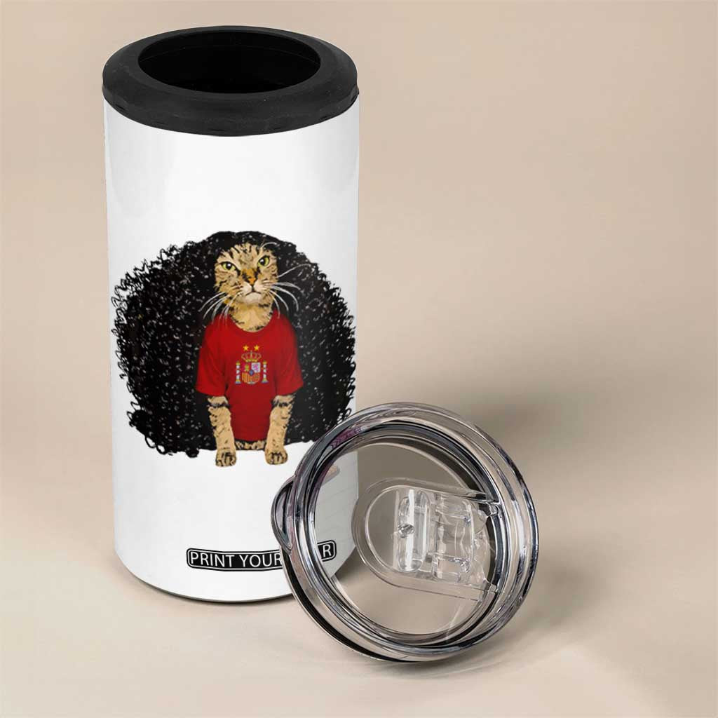 Funny Long Curly Hair Wig Soccer Cat Graphic 4 in 1 Can Cooler Tumbler Spain Espana Sports Fans Meme Spanish Pride