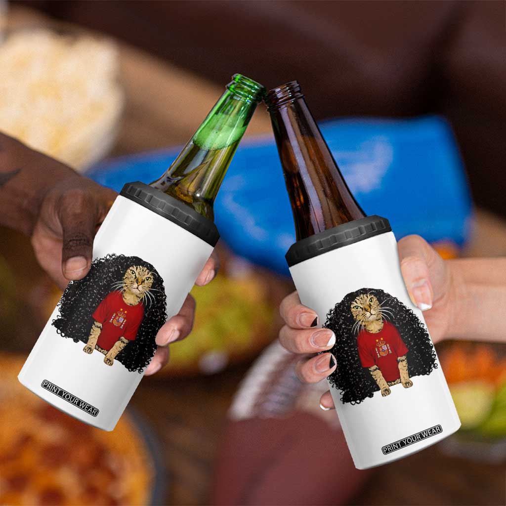 Funny Long Curly Hair Wig Soccer Cat Graphic 4 in 1 Can Cooler Tumbler Spain Espana Sports Fans Meme Spanish Pride