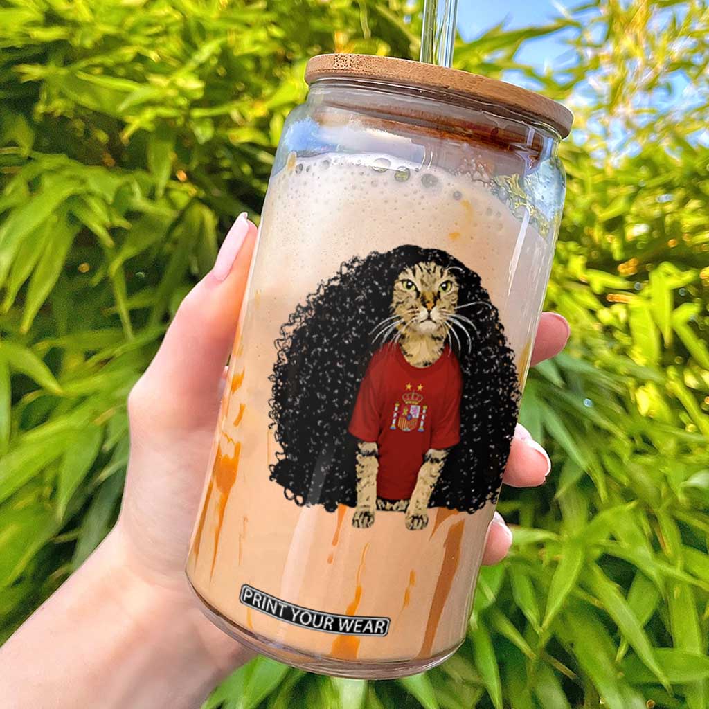 Funny Long Curly Hair Wig Soccer Cat Graphic Glass Can Spain Espana Sports Fans Meme Spanish Pride TS02 White Print Your Wear