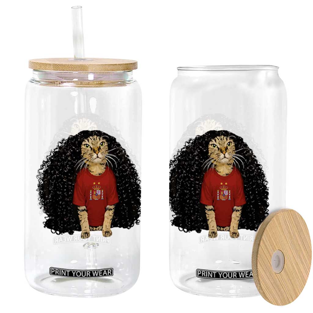 Funny Long Curly Hair Wig Soccer Cat Graphic Glass Can Spain Espana Sports Fans Meme Spanish Pride