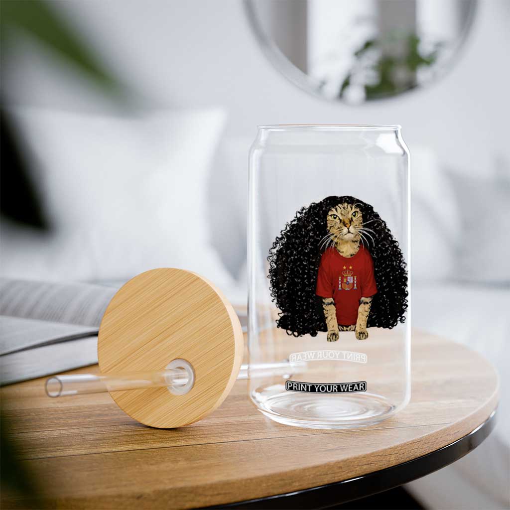 Funny Long Curly Hair Wig Soccer Cat Graphic Glass Can Spain Espana Sports Fans Meme Spanish Pride