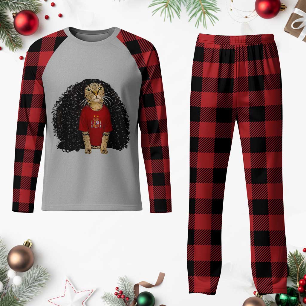 Funny Long Curly Hair Wig Soccer Cat Graphic Plaid Pajama Set Spain Espana Sports Fans Meme Spanish Pride TS02 Buffalo Plaid Print Your Wear