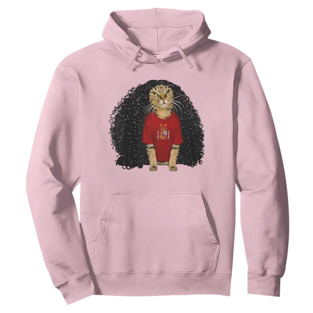 Funny Long Curly Hair Wig Soccer Cat Graphic Hoodie Spain Espana Sports Fans Meme Spanish Pride