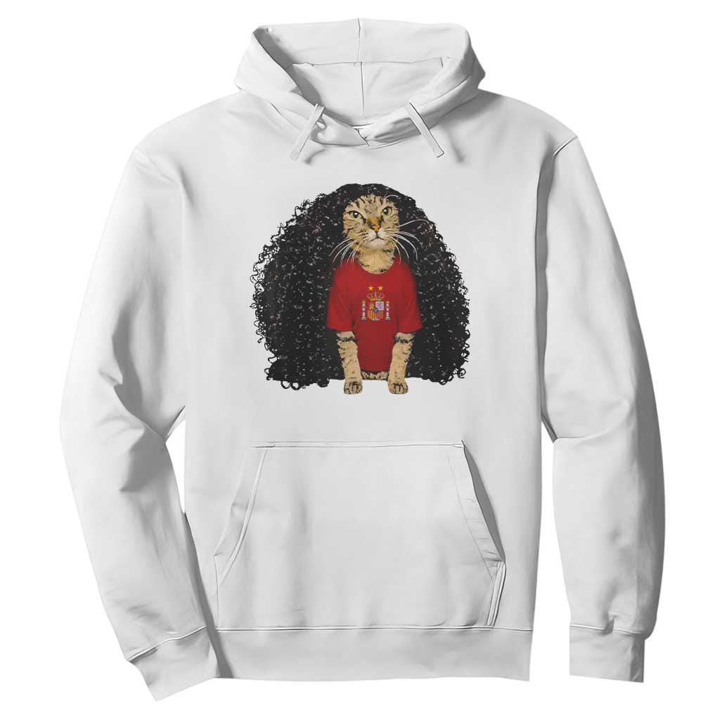 Funny Long Curly Hair Wig Soccer Cat Graphic Hoodie Spain Espana Sports Fans Meme Spanish Pride TS02 White Print Your Wear