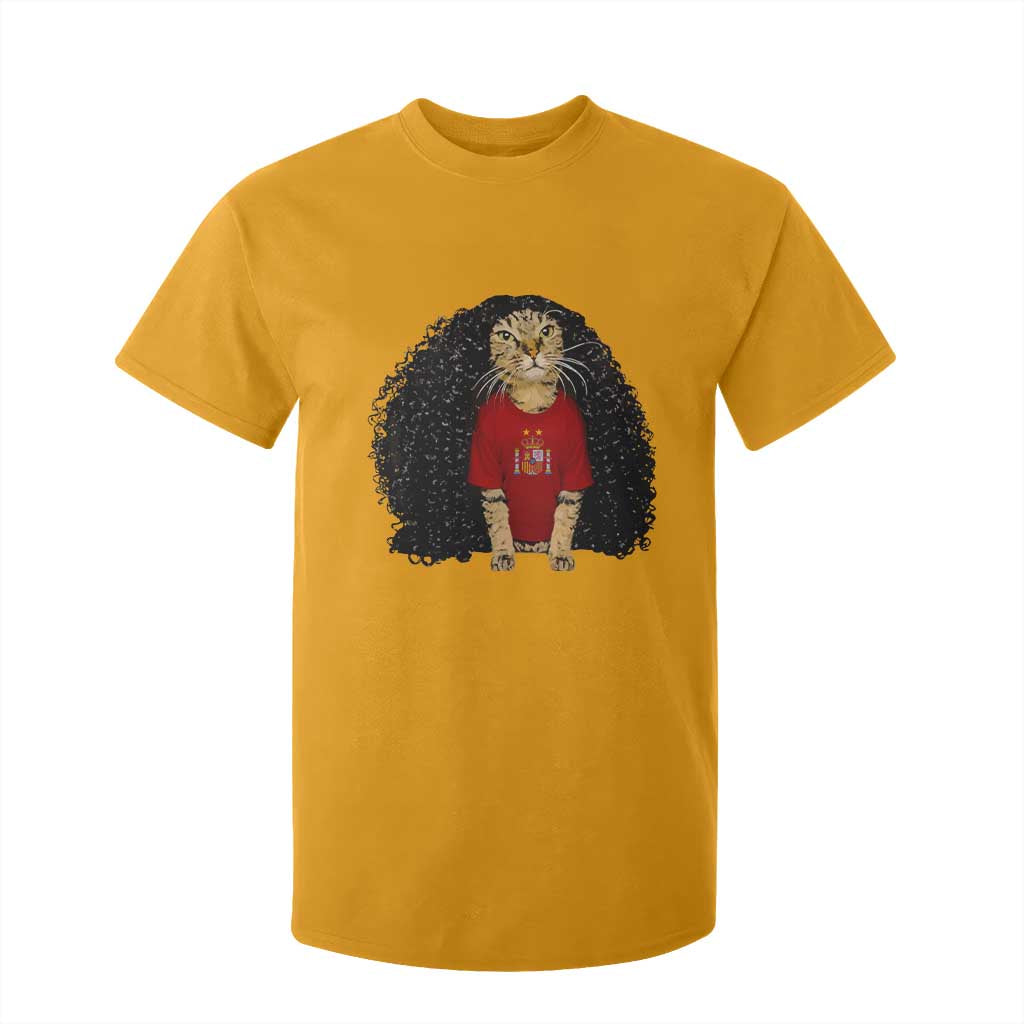 Funny Long Curly Hair Wig Soccer Cat Graphic T Shirt For Kid Spain Espana Sports Fans Meme Spanish Pride