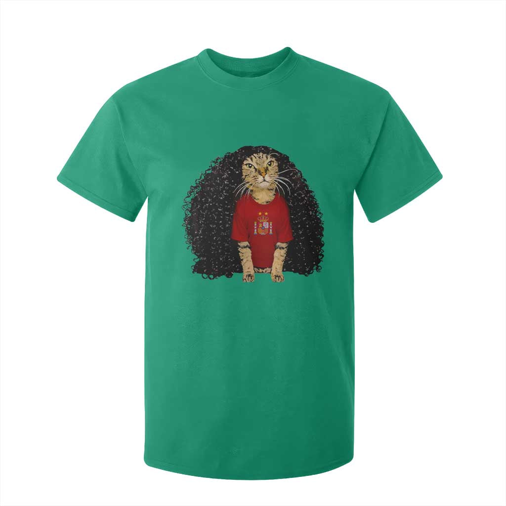 Funny Long Curly Hair Wig Soccer Cat Graphic T Shirt For Kid Spain Espana Sports Fans Meme Spanish Pride
