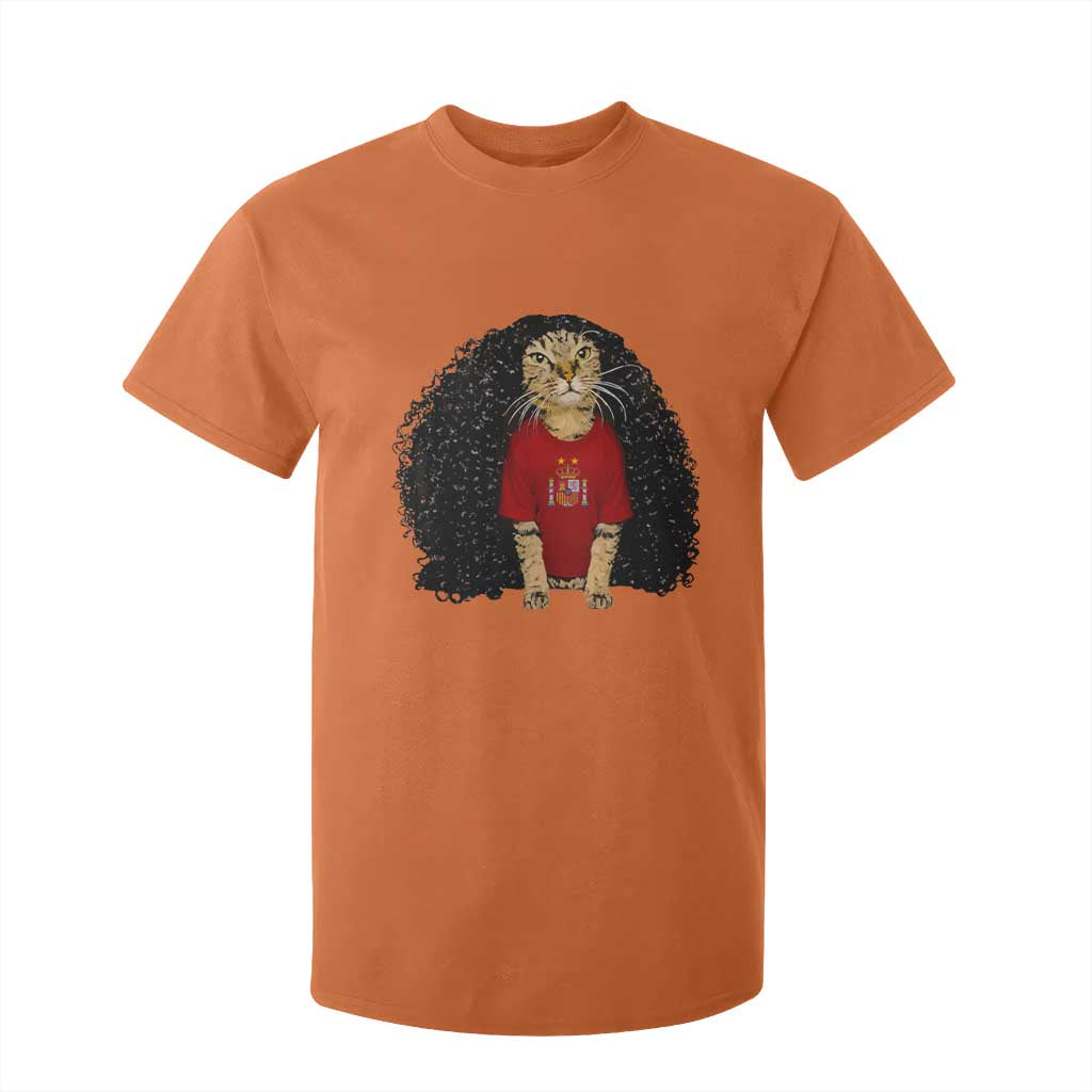 Funny Long Curly Hair Wig Soccer Cat Graphic T Shirt For Kid Spain Espana Sports Fans Meme Spanish Pride