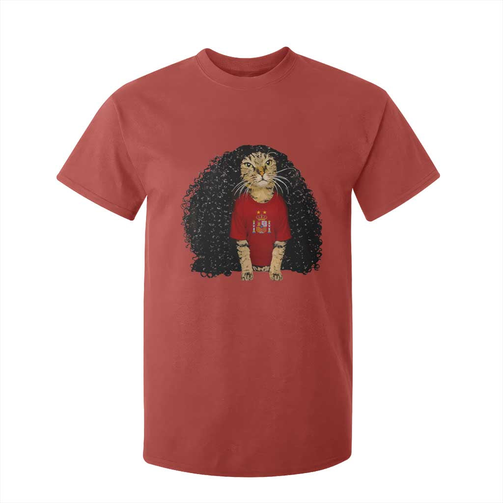Funny Long Curly Hair Wig Soccer Cat Graphic T Shirt For Kid Spain Espana Sports Fans Meme Spanish Pride