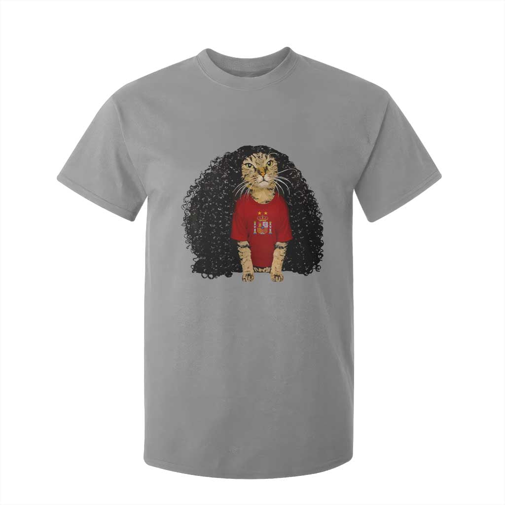 Funny Long Curly Hair Wig Soccer Cat Graphic T Shirt For Kid Spain Espana Sports Fans Meme Spanish Pride