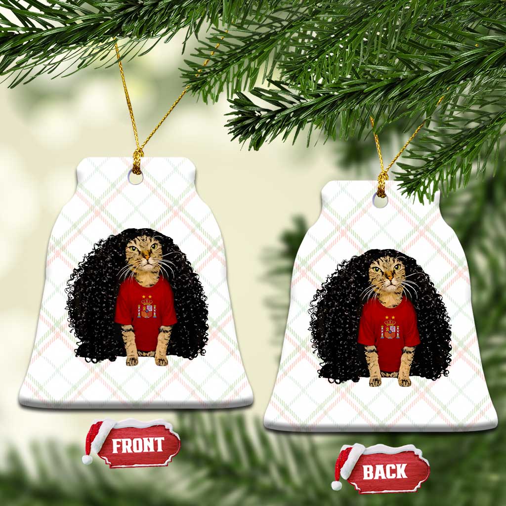 Funny Long Curly Hair Wig Soccer Cat Graphic Ceramic Ornament Spain Espana Sports Fans Meme Spanish Pride