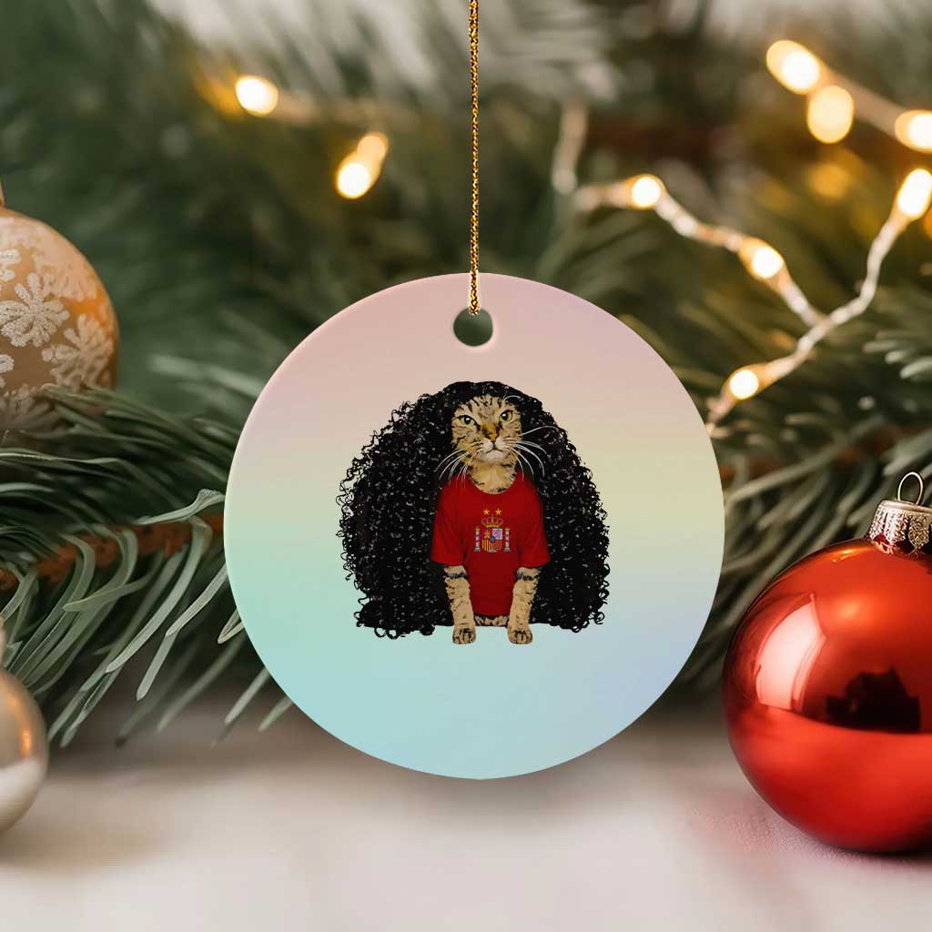 Funny Long Curly Hair Wig Soccer Cat Graphic Ceramic Ornament Spain Espana Sports Fans Meme Spanish Pride