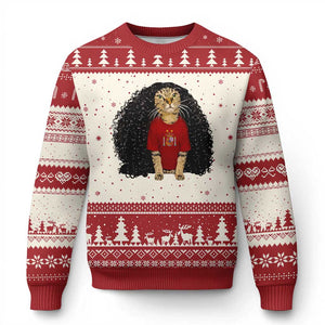 Funny Long Curly Hair Wig Soccer Cat Graphic Ugly Christmas Sweater Spain Espana Sports Fans Meme Spanish Pride