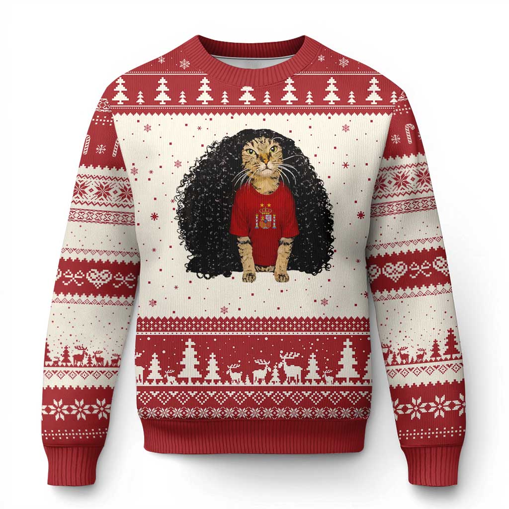 Funny Long Curly Hair Wig Soccer Cat Graphic Ugly Christmas Sweater Spain Espana Sports Fans Meme Spanish Pride TS02 Beige Red Print Your Wear