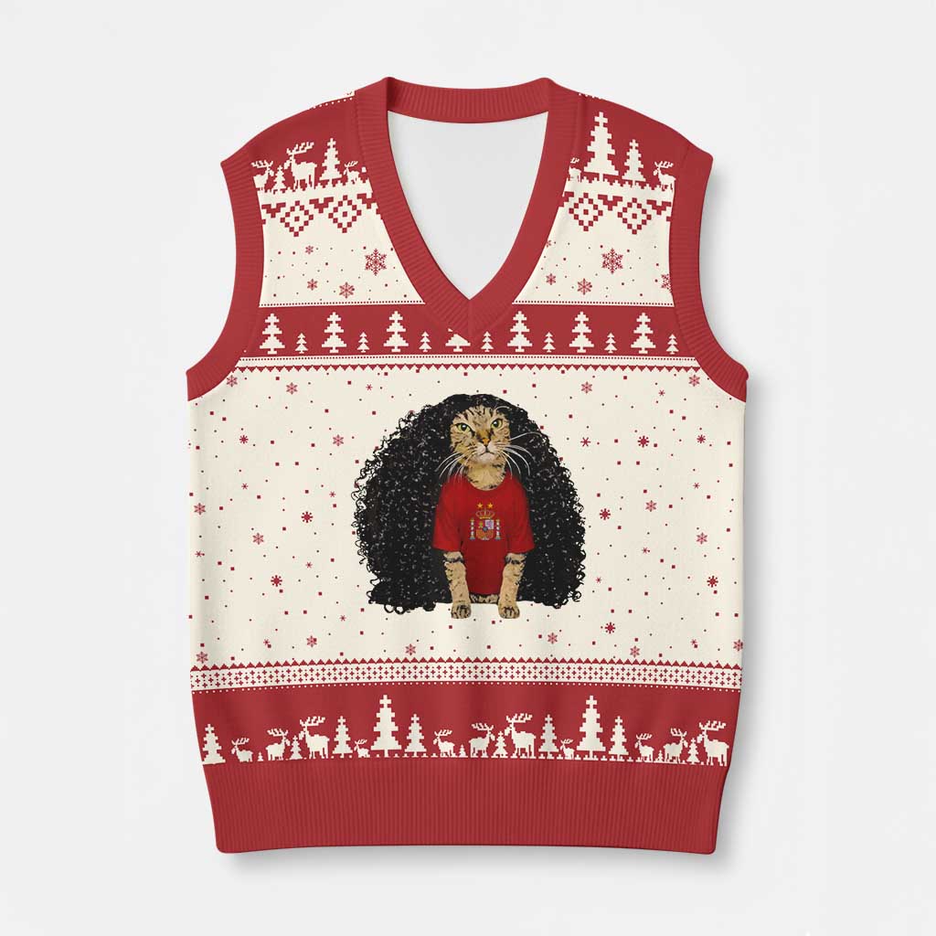 Funny Long Curly Hair Wig Soccer Cat Graphic V-Neck Knit Sweater Vest Spain Espana Sports Fans Meme Spanish Pride TS02 Beige Red Print Your Wear