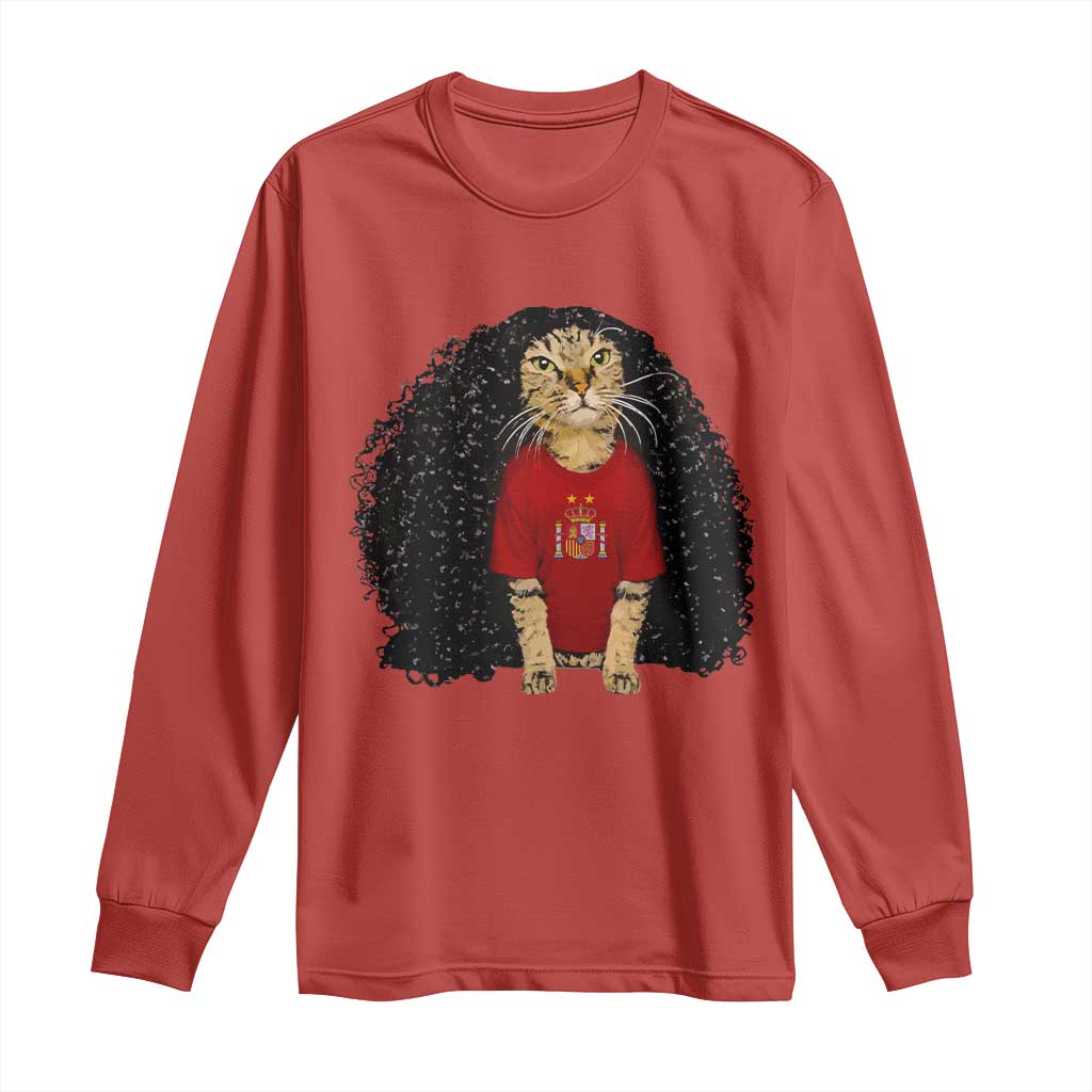Funny Long Curly Hair Wig Soccer Cat Graphic Long Sleeve Shirt Spain Espana Sports Fans Meme Spanish Pride