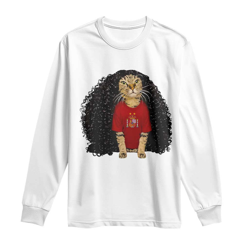 Funny Long Curly Hair Wig Soccer Cat Graphic Long Sleeve Shirt Spain Espana Sports Fans Meme Spanish Pride TS02 White Print Your Wear
