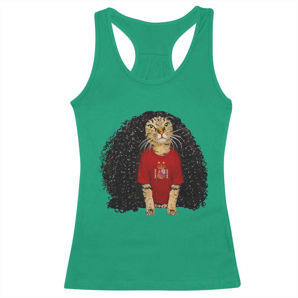 Funny Long Curly Hair Wig Soccer Cat Graphic Racerback Tank Top Spain Espana Sports Fans Meme Spanish Pride