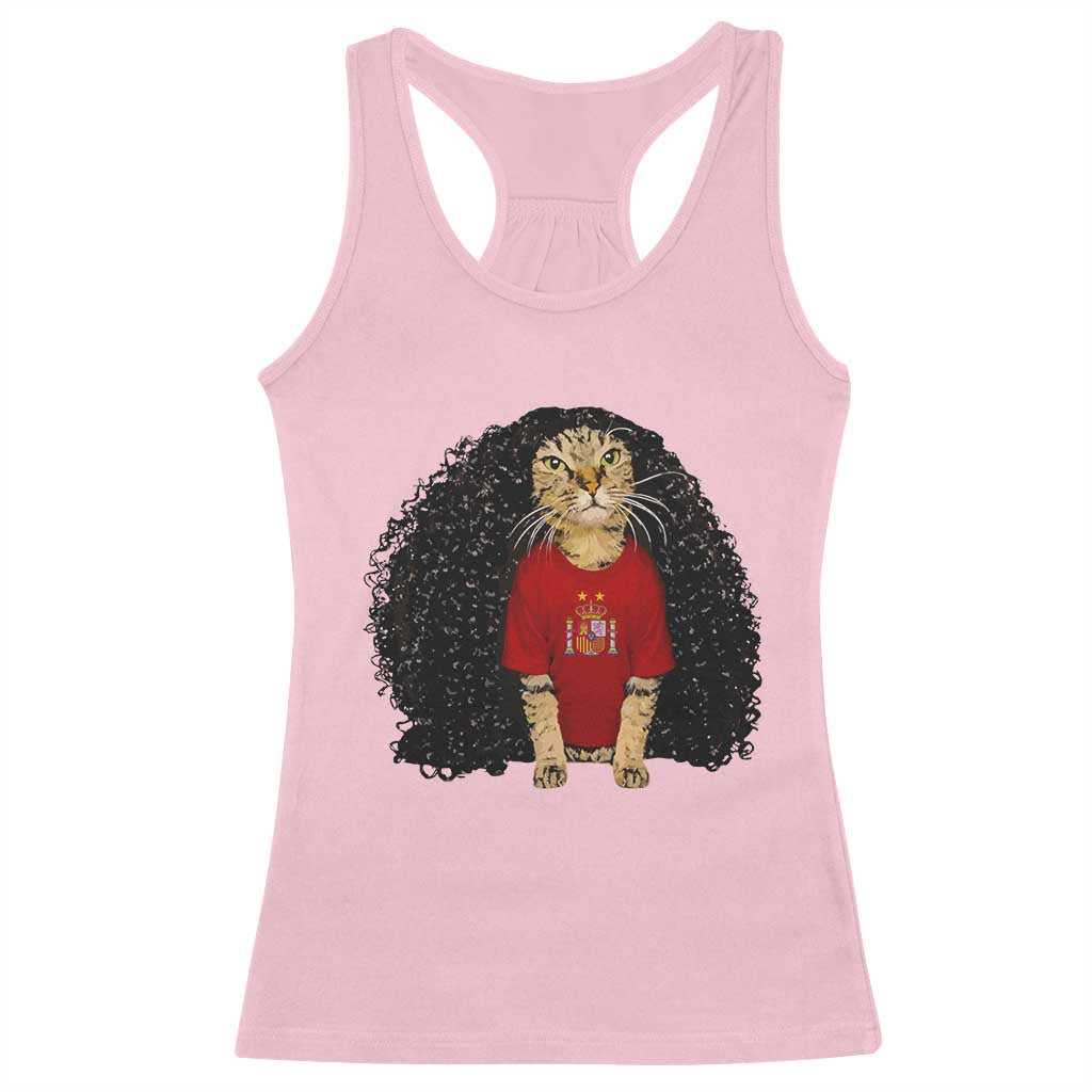 Funny Long Curly Hair Wig Soccer Cat Graphic Racerback Tank Top Spain Espana Sports Fans Meme Spanish Pride