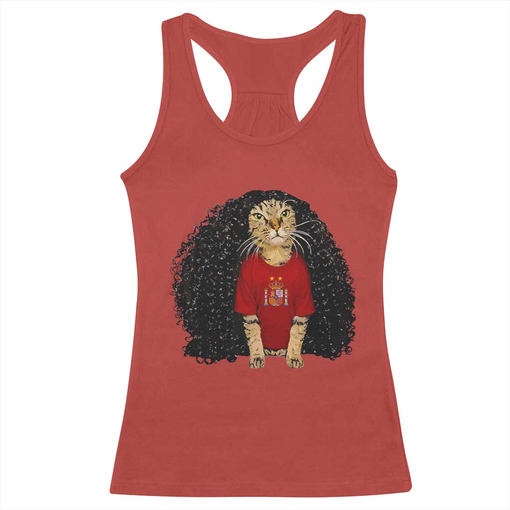 Funny Long Curly Hair Wig Soccer Cat Graphic Racerback Tank Top Spain Espana Sports Fans Meme Spanish Pride