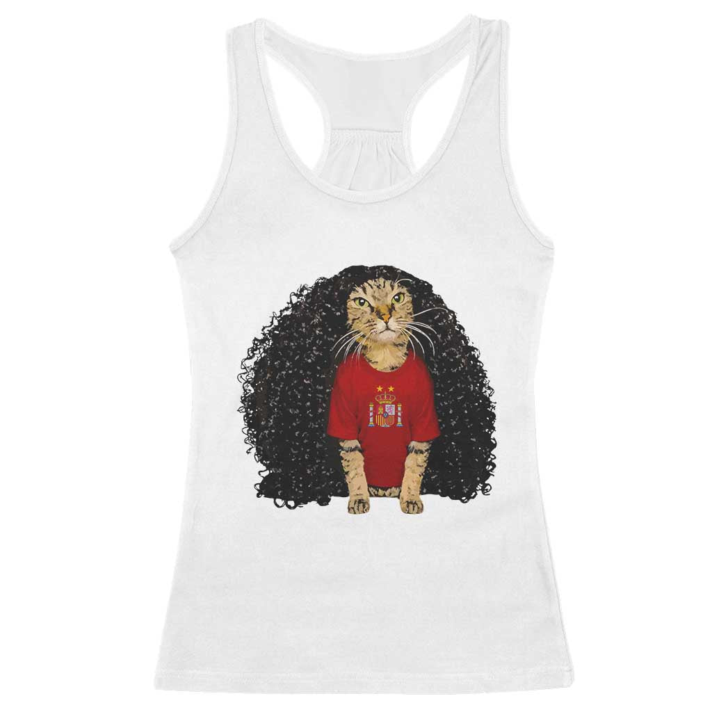 Funny Long Curly Hair Wig Soccer Cat Graphic Racerback Tank Top Spain Espana Sports Fans Meme Spanish Pride TS02 White Print Your Wear