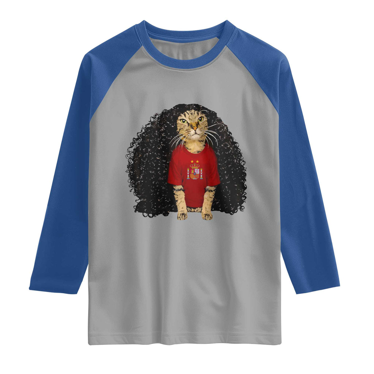 Funny Long Curly Hair Wig Soccer Cat Graphic Raglan Shirt Spain Espana Sports Fans Meme Spanish Pride