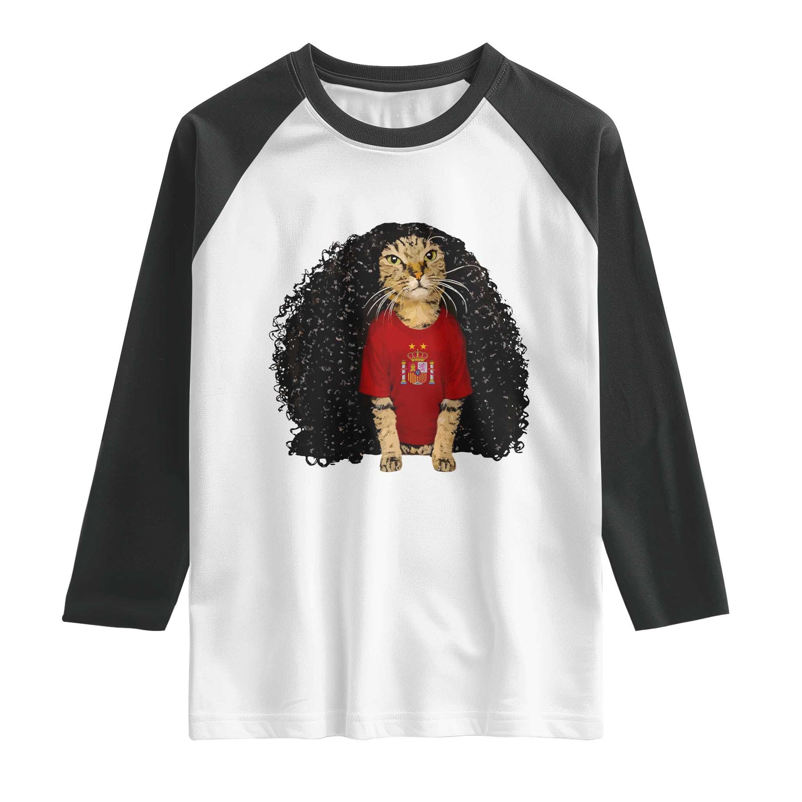 Funny Long Curly Hair Wig Soccer Cat Graphic Raglan Shirt Spain Espana Sports Fans Meme Spanish Pride TS02 White Black Print Your Wear